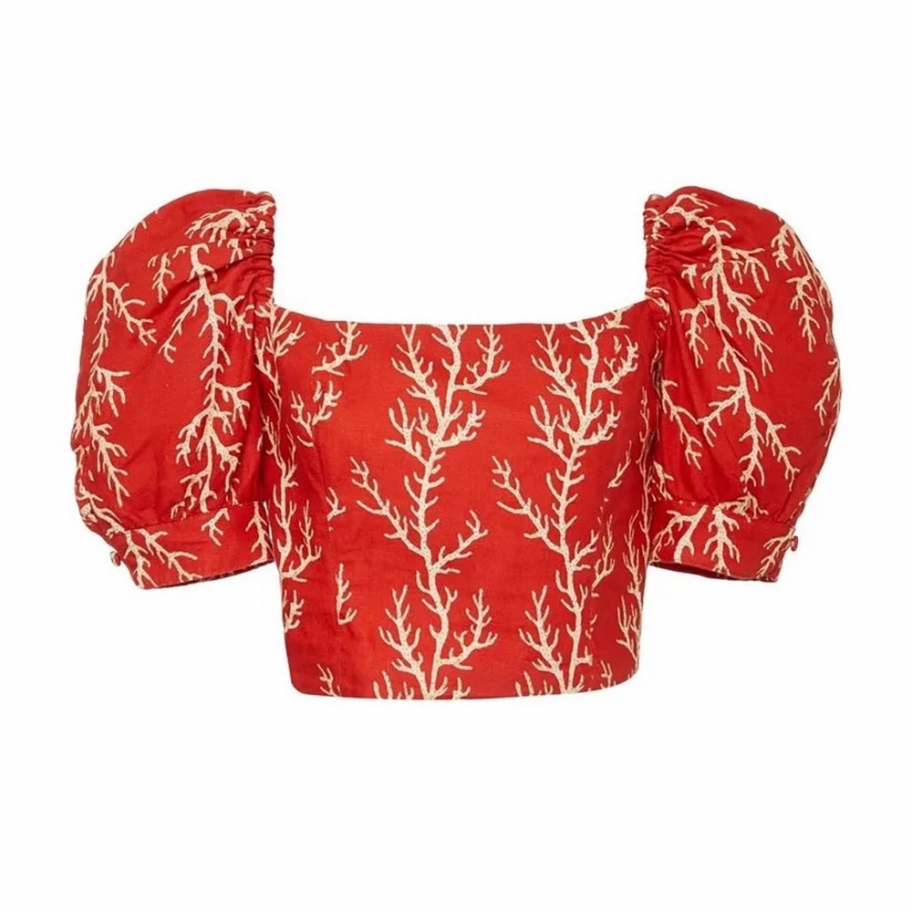 Agua Bendita Bolivar Arrecife Coral Print Crop Top Red Linen Floral Smocked S